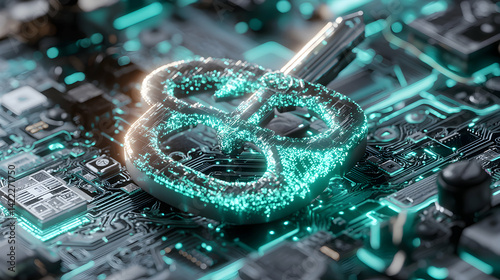 A glowing digital key lies atop a circuit board. This futuristic image suggests concepts like cybersecurity or secure data access. It is suitable for tech presentations or security advertising.