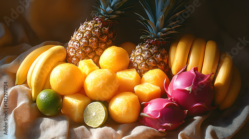Obraz na płótnie Overhead view of a tropical fruit arrangement: whole pineapples, fresh bananas, dragon fruit, and lime wedges, set on a textured linen cloth with soft natural light filtering through w salonie