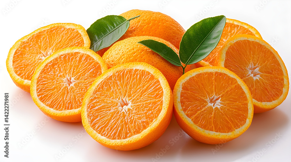 Overhead close-up of a fresh orange, sliced into neat rounds, with juicy segments visible and light reflecting off the fruit’s surface, set on a clean white background