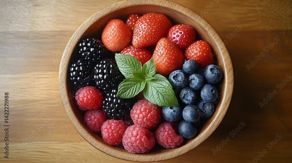 Overhead view of a wooden bowl filled with fresh mixed berries: strawberries, raspberries, blackberries, and blueberries, surrounded by green leaves, placed on a light wooden surface