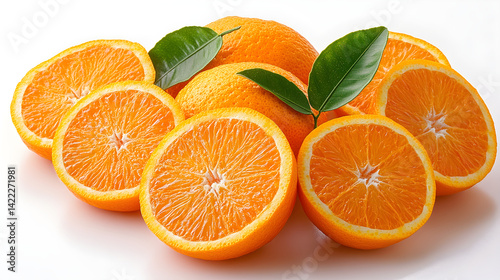 Obraz na płótnie Overhead close-up of a fresh orange, sliced into neat rounds, with juicy segments visible and light reflecting off the fruit’s surface, set on a clean white background w salonie