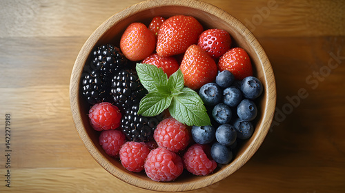 Obraz na płótnie Overhead view of a wooden bowl filled with fresh mixed berries: strawberries, raspberries, blackberries, and blueberries, surrounded by green leaves, placed on a light wooden surface w salonie