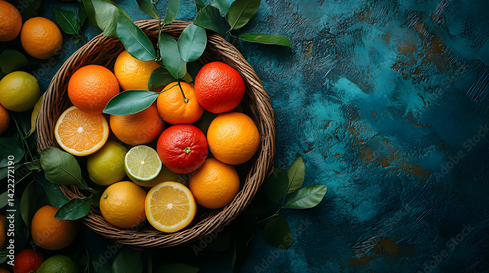 Overhead shot of a fruit basket filled with bright citrus fruits: oranges, lemons, and limes, with a few scattered leaves, placed on a textured wooden surface