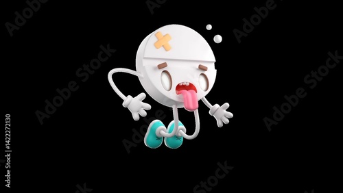 3D cartoon pill character with dizzy face, sticking out tongue, wearing shoes and band-aid on head. Isolated on black background.