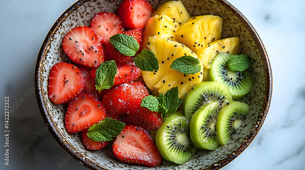 Overhead shot of a ceramic bowl filled with sliced fruit: kiwi, strawberries, and pineapple, with mint leaves scattered on top, set against a white marble background