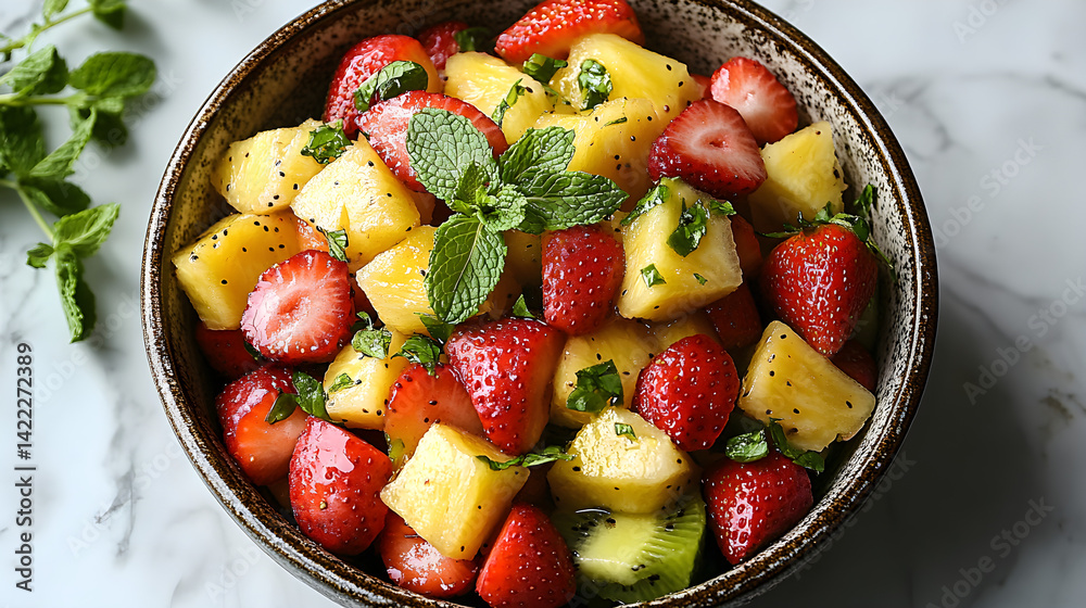 Overhead shot of a ceramic bowl filled with sliced fruit: kiwi, strawberries, and pineapple, with mint leaves scattered on top, set against a white marble background