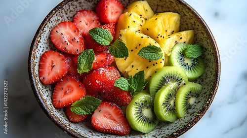 Obraz na płótnie Overhead shot of a ceramic bowl filled with sliced fruit: kiwi, strawberries, and pineapple, with mint leaves scattered on top, set against a white marble background w salonie