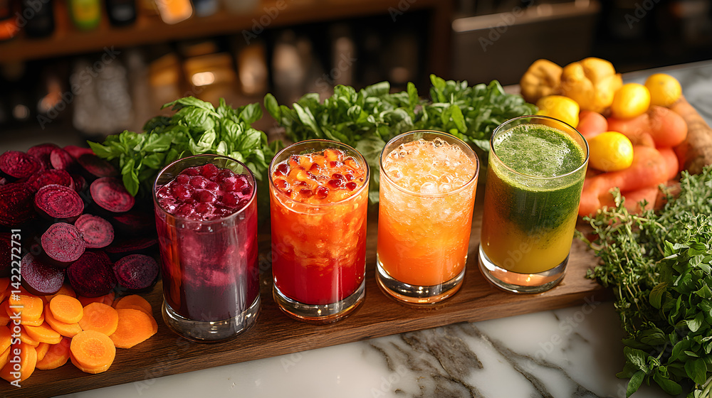 Overhead shot of a refreshing juice bar setup with multiple juice glasses: vibrant beetroot juice, carrot juice, and green juice, all arranged on a marble countertop with fresh ingredients around them