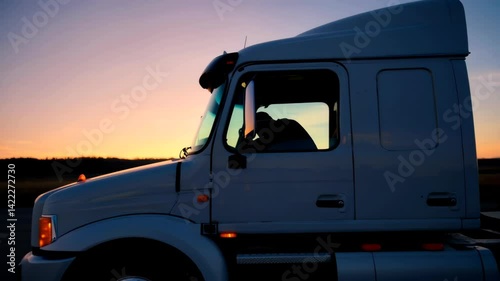 Silhouette of truck driver in cab against colorful sunset sky