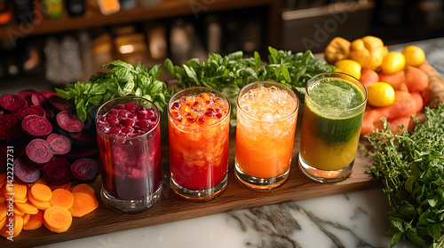 Obraz na płótnie Overhead shot of a refreshing juice bar setup with multiple juice glasses: vibrant beetroot juice, carrot juice, and green juice, all arranged on a marble countertop with fresh ingredients around them w salonie