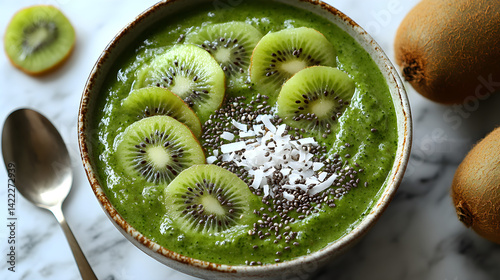 Obraz na płótnie Overhead shot of a delicious green smoothie bowl, topped with kiwi slices, coconut flakes, and hemp seeds, with a spoon resting next to the bowl, placed on a marble surface w salonie