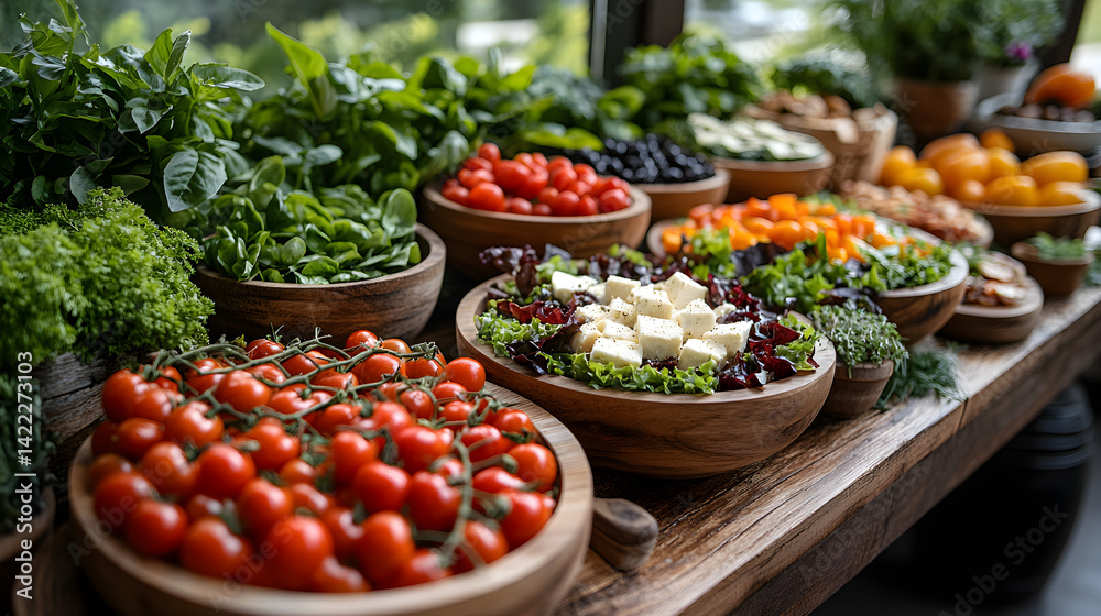 Wide shot of a farm-to-table meal setup: freshly prepared salads with greens, cherry tomatoes, and cheese, served on rustic wooden platters surrounded by fresh herbs and vegetables