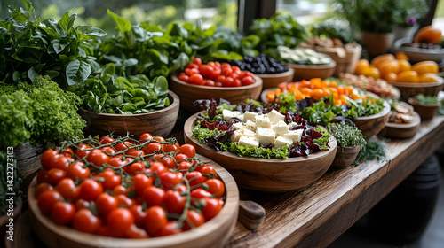 Obraz na płótnie Wide shot of a farm-to-table meal setup: freshly prepared salads with greens, cherry tomatoes, and cheese, served on rustic wooden platters surrounded by fresh herbs and vegetables w salonie