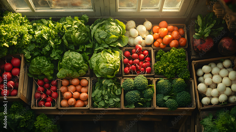Overhead shot of a farm market table with various fresh produce: leafy greens, carrots, and bunches of radishes, with sunlight gently illuminating the scene and wooden crates surrounding the produce