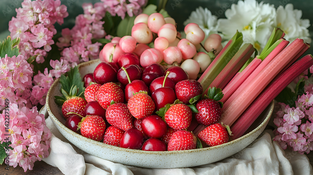 Springtime flatlay of fresh strawberries, cherries, and rhubarb arranged on a light linen napkin, surrounded by delicate flowers and soft, pastel-colored lighting