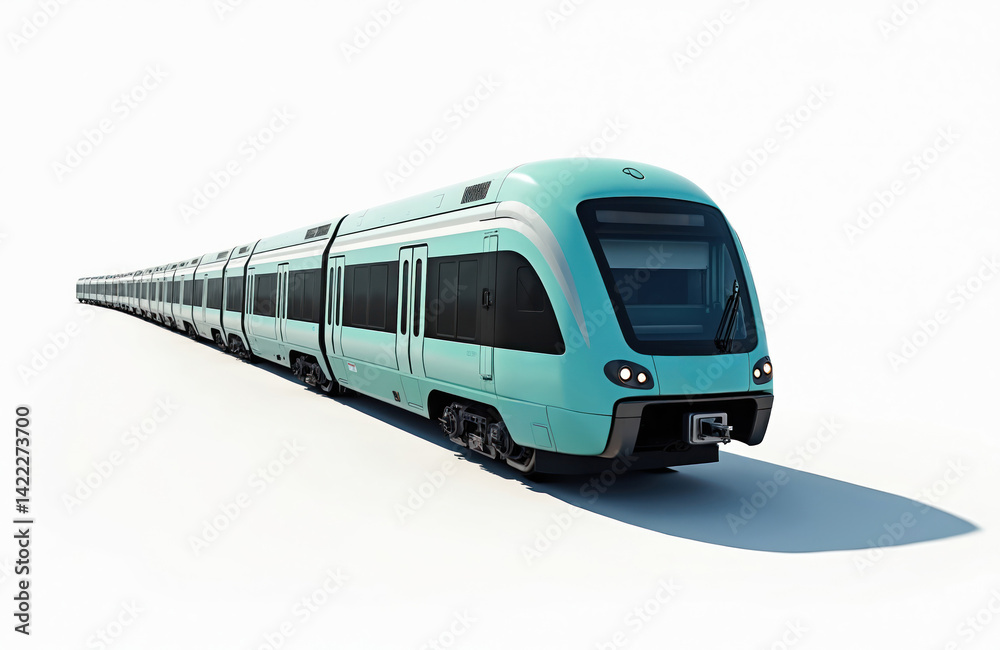 Naklejka premium Modern electric train isolated on white background. Long train composition with wagons. Railway transport. Travel, journey concept. Public transport, intercity train, modern railway system for