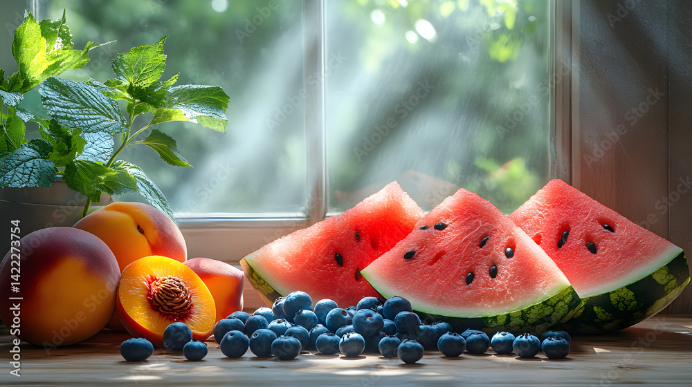Summer fruit display with vibrant watermelon slices, fresh peaches, and blueberries on a light wooden table, with sunlight streaming in and casting soft shadows