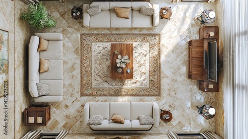 Elegant Living Room Interior Design: Top-Down View of Luxurious Apartment