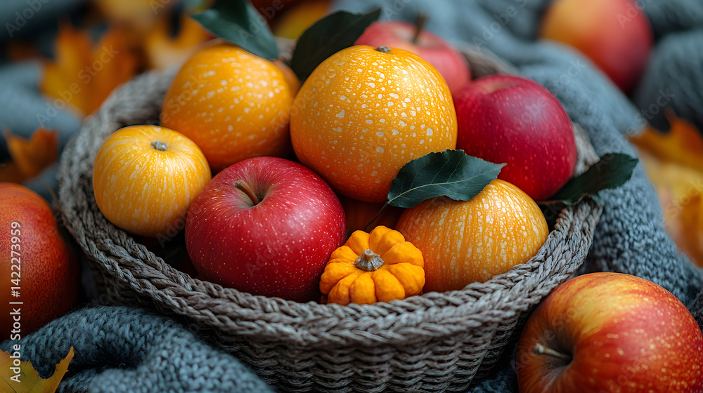 Overhead shot of a basket filled with ripe seasonal autumn fruits: pumpkins, apples, and persimmons, set against a neutral background with subtle golden hour lighting