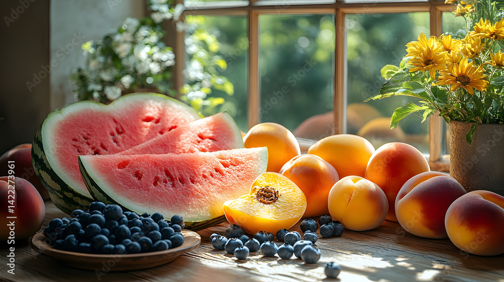 Summer fruit display with vibrant watermelon slices, fresh peaches, and blueberries on a light wooden table, with sunlight streaming in and casting soft shadows