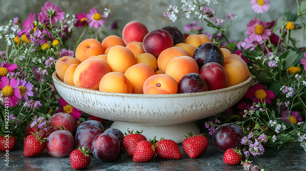 Spring fruit flatlay with fresh apricots, plums, and strawberries, scattered around a white ceramic bowl, surrounded by wildflowers and soft, natural lighting
