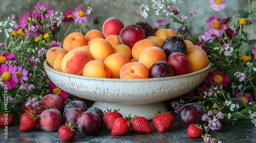 Obraz na płótnie Spring fruit flatlay with fresh apricots, plums, and strawberries, scattered around a white ceramic bowl, surrounded by wildflowers and soft, natural lighting w salonie