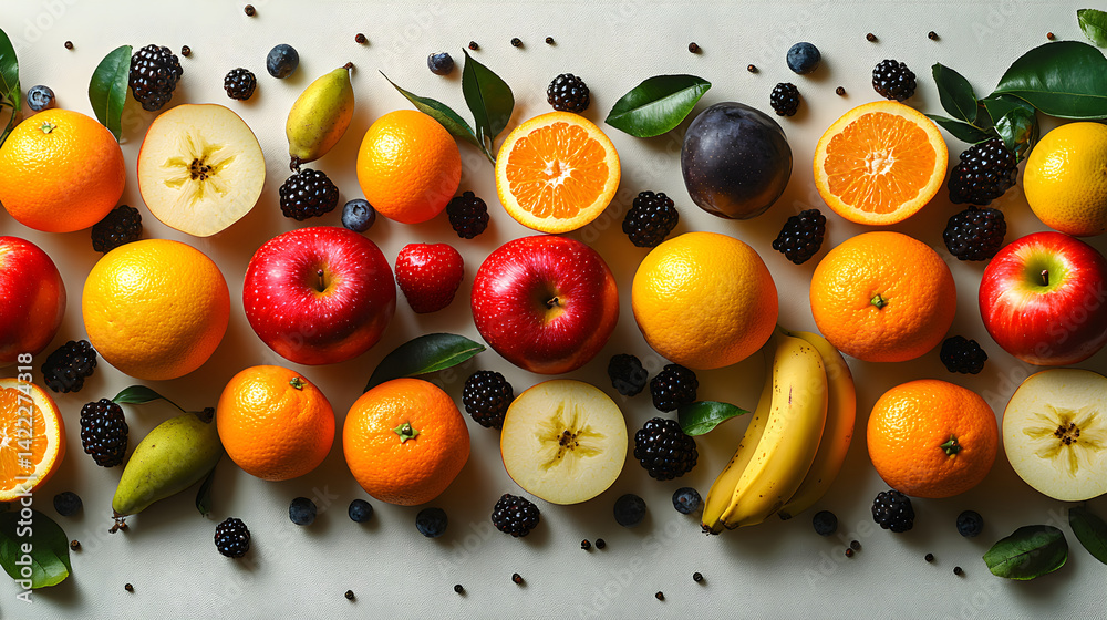 Overhead shot of a grid-like pattern made of whole fruits: bananas, apples, and oranges, with clean, symmetrical lines and bright, vibrant colors on a light background