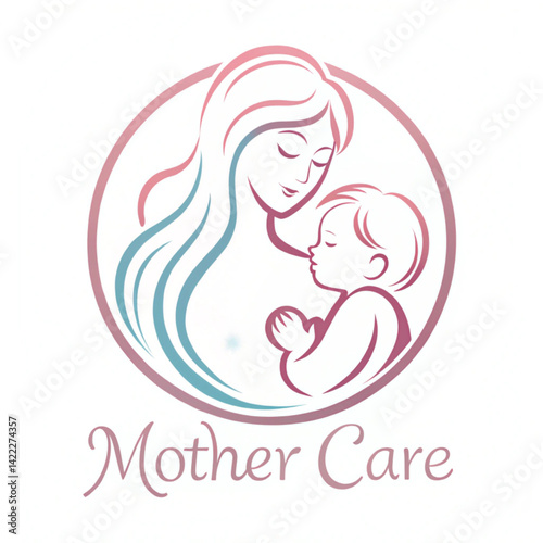 Illustration of mother with baby mother care logo. Isolated outline  on white background. 