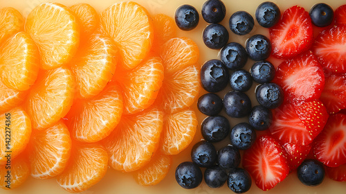 Overhead view of colorful, overlapping fruit slices: blueberries, strawberries, and orange segments, arranged in a loose, freeform abstract pattern on a pale background