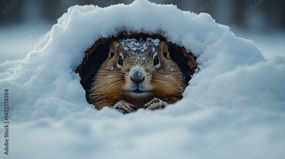 Winter landscape with groundhog peeking from snow-covered hole on Groundhog Day