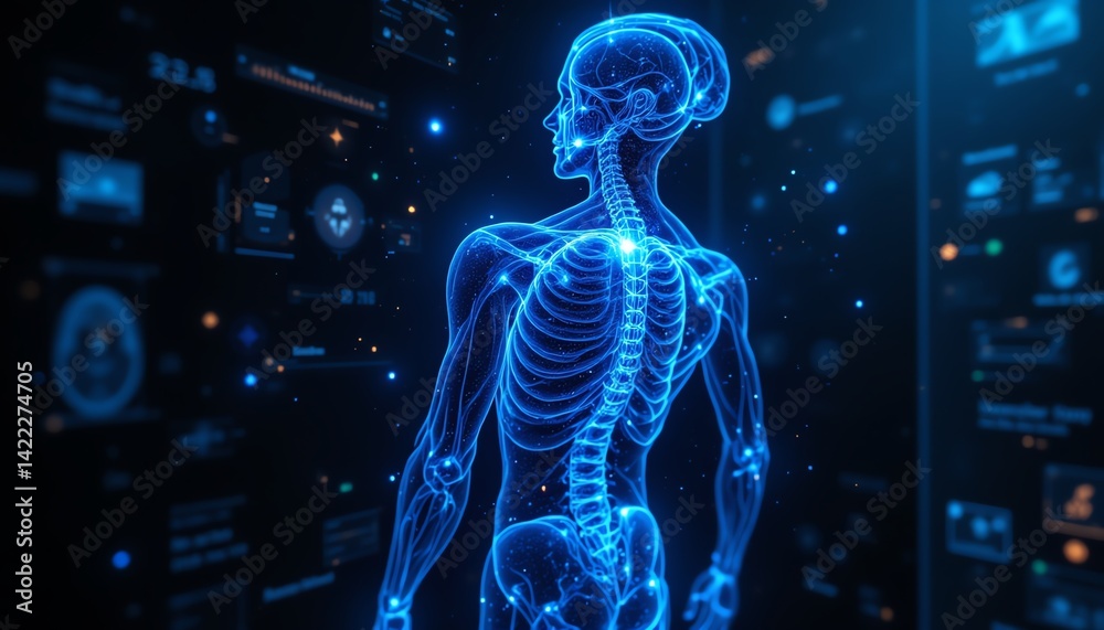 Digital skeleton representation in blue hue. Digital skeleton representation in blue hue.