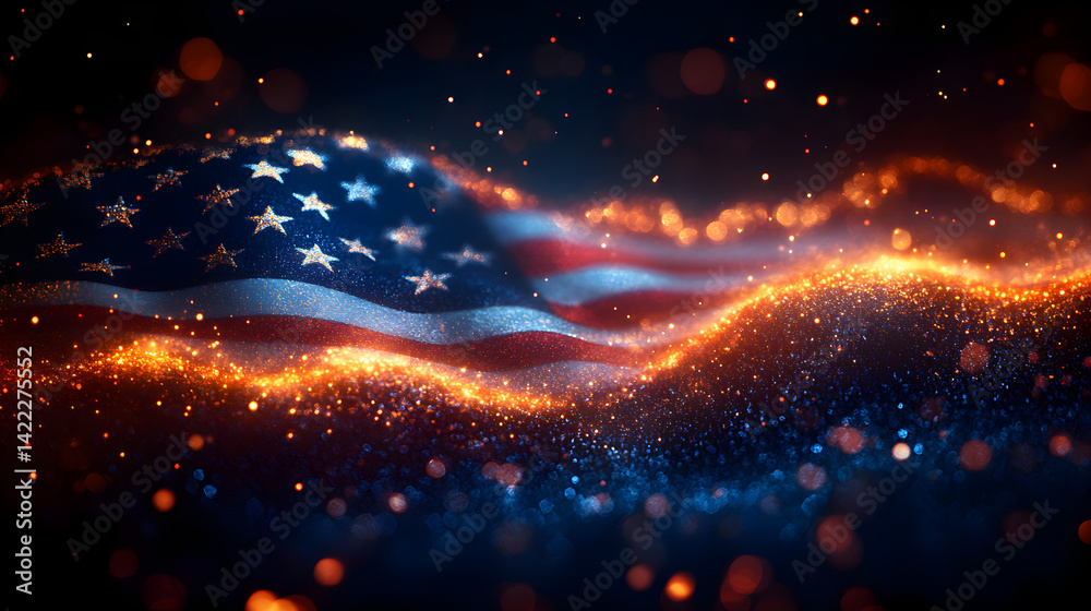 Patriotic Veterans Day background with glowing American flag and faded blue gradient with bokeh lights
