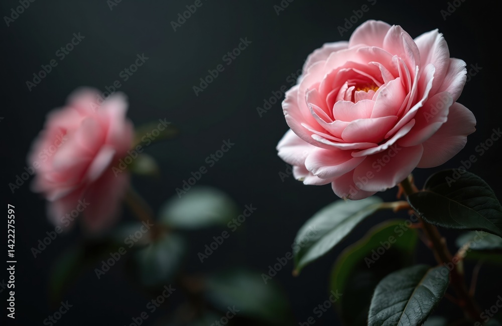 Fototapeta premium Pink rose blossom on black background. Soft petals in full bloom. Delicate flower with green leaves. Ideal for romance, beauty, love, Valentine, wedding, greeting cards, floral design.