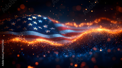 Obraz na płótnie Patriotic Veterans Day background with glowing American flag and faded blue gradient with bokeh lights w salonie