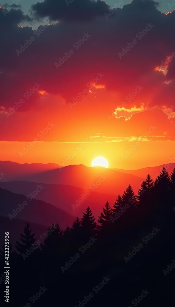 Naklejka premium Golden hour silhouettes against vibrant sunset sky, tropical, couple
