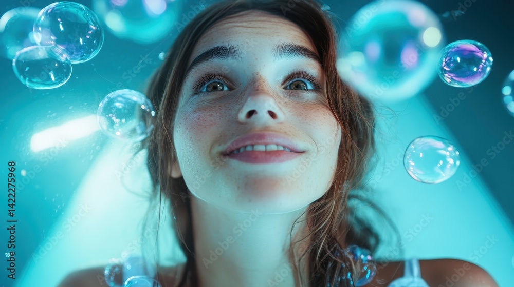 A young woman floats playfully underwater, her enchanting smile illuminated by light as bubbles cascade around her, capturing pure joy and a sense of wonder in a unique environment. A young woman floats playfully underwater, her enchanting smile illuminated by light as bubbles cascade around her, capturing pure joy and a sense of wonder in a unique environment.