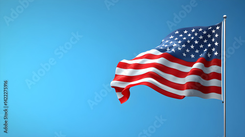 Memorial Day concept art with a gentle breeze moving the American flag over a clear gradient blue sky