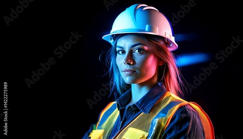 a determined woman in safety attire in a professional setting, exuding confidence
