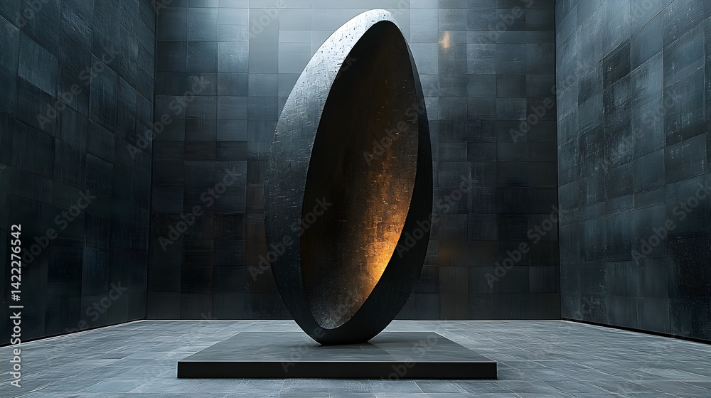 Mysterious sculpture lit by spotlight against a dark grey black wall textured background