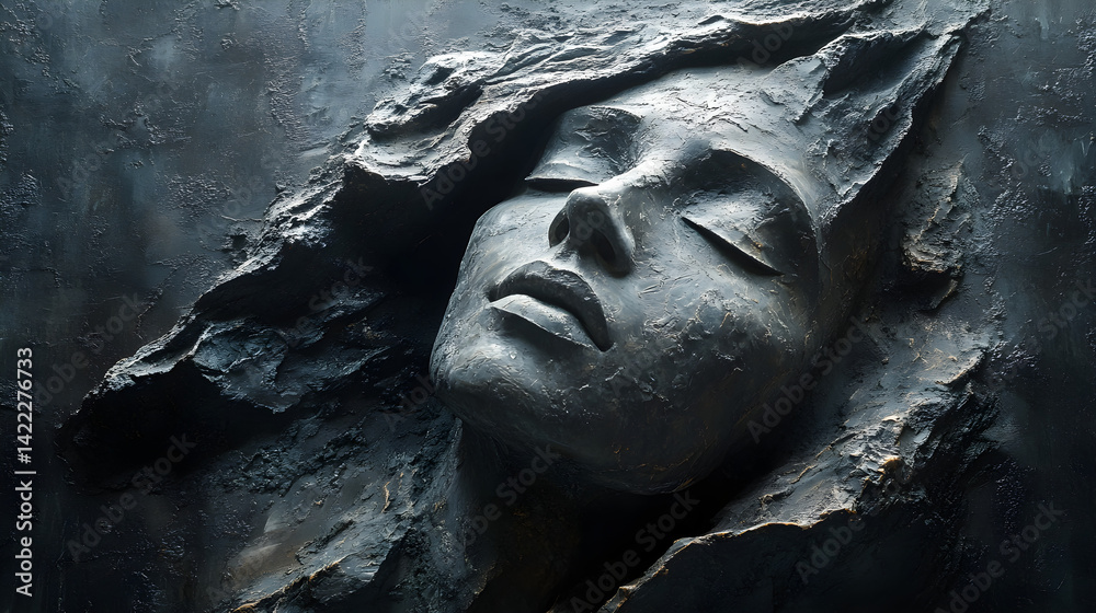 Mysterious sculpture lit by spotlight against a dark grey black wall textured background