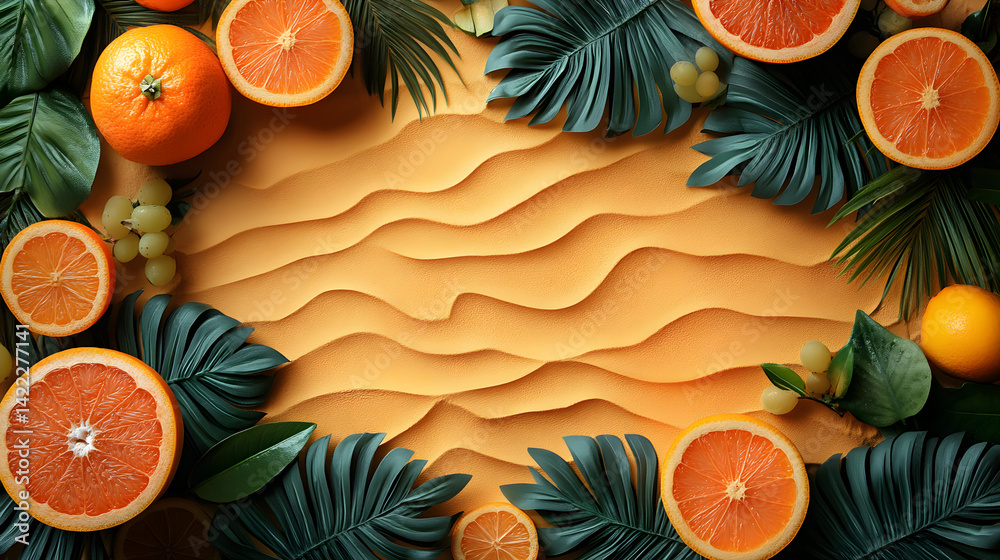 Tropical beach frame with palm leaves and fruits on sandy background for summer themes