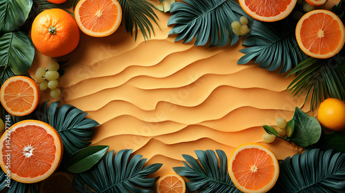 Tropical beach frame with palm leaves and fruits on sandy background for summer themes