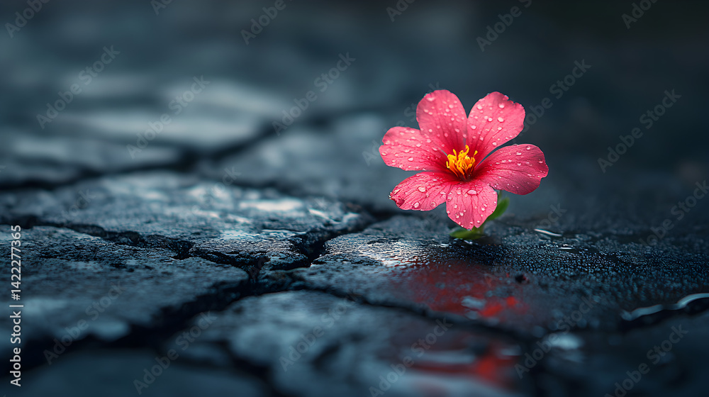 Pink flower growing through cracks in dark concrete, symbolizing resilience and beauty