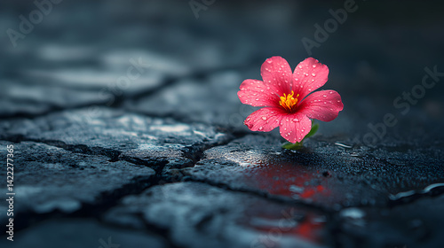 Obraz na płótnie Pink flower growing through cracks in dark concrete, symbolizing resilience and beauty w salonie