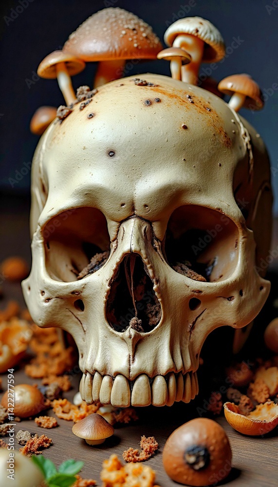 Obraz premium Human Skull with Mushrooms Growing on It Dark Conceptual Still Life