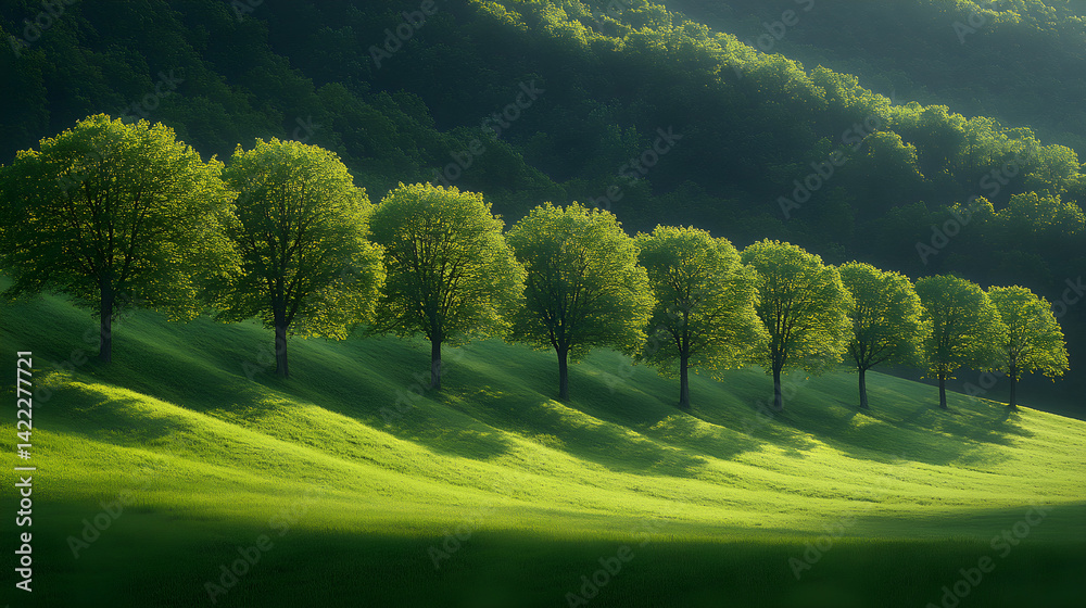 Row of trees on a lush green hillside with alternating light and shadow patterns