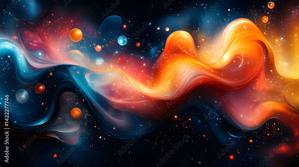 Vibrant abstract design featuring swirling shapes and colorful circles on a dark background