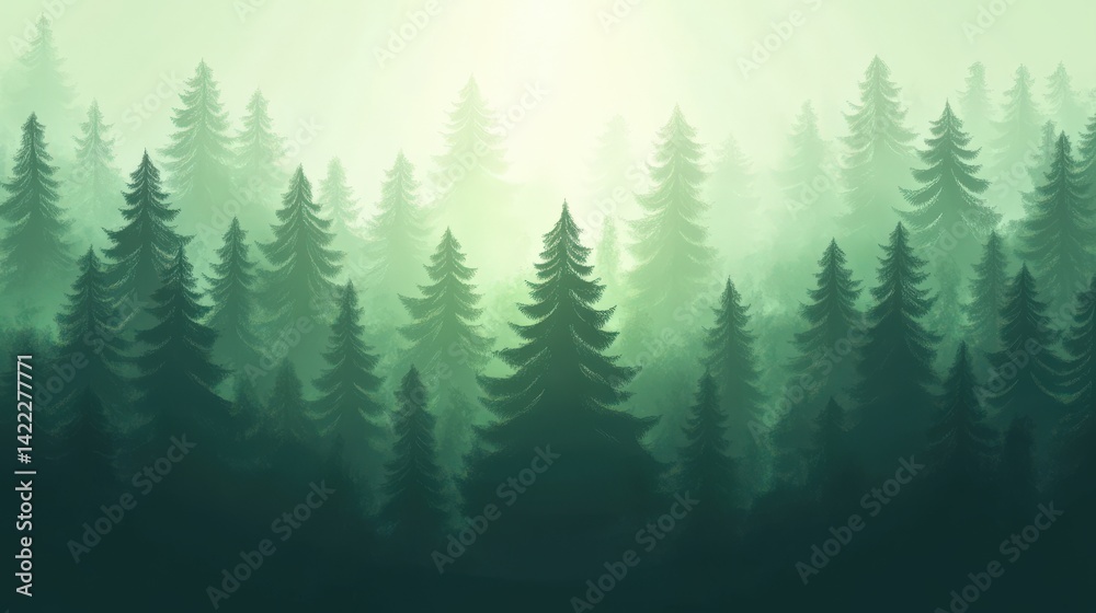 Fototapeta premium A scenic illustration of a dense forest landscape with many trees