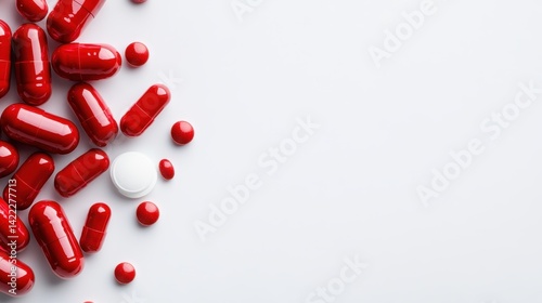 An aesthetically pleasing arrangement of various red pills on a light surface, symbolizing health and wellness while showcasing the orderly nature of medication packages.