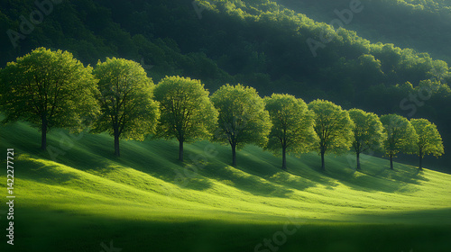 Obraz na płótnie Row of trees on a lush green hillside with alternating light and shadow patterns w salonie